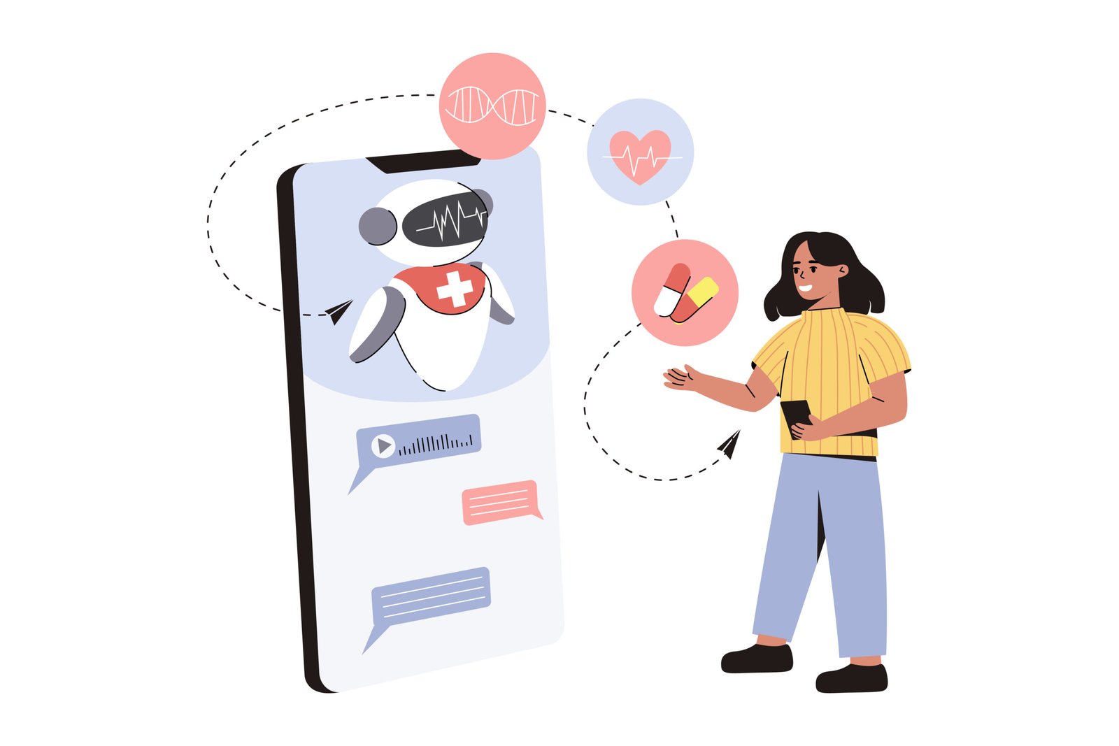 Healthcare AI consulting service. Flat patient receive consultation and treatment in online chat with chatbot. Bot give medical advice or diagnosis. Clinic AI assistant. Future technology in medicine.