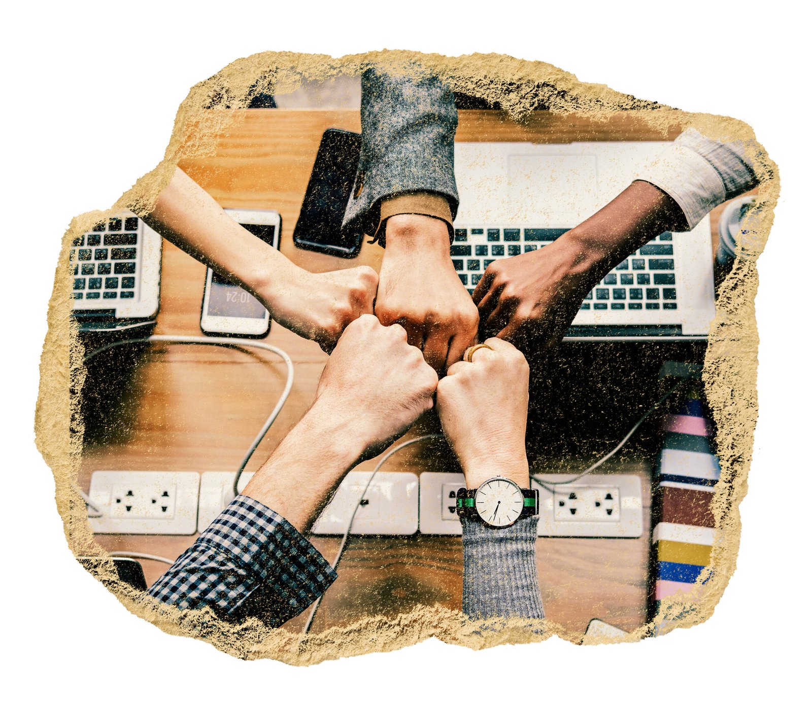 Joined fists png sticker, ripped paper, transparent background