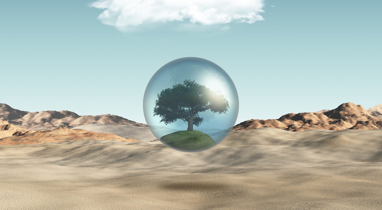 3D render of a tree in a globe under a cloud against a desert background